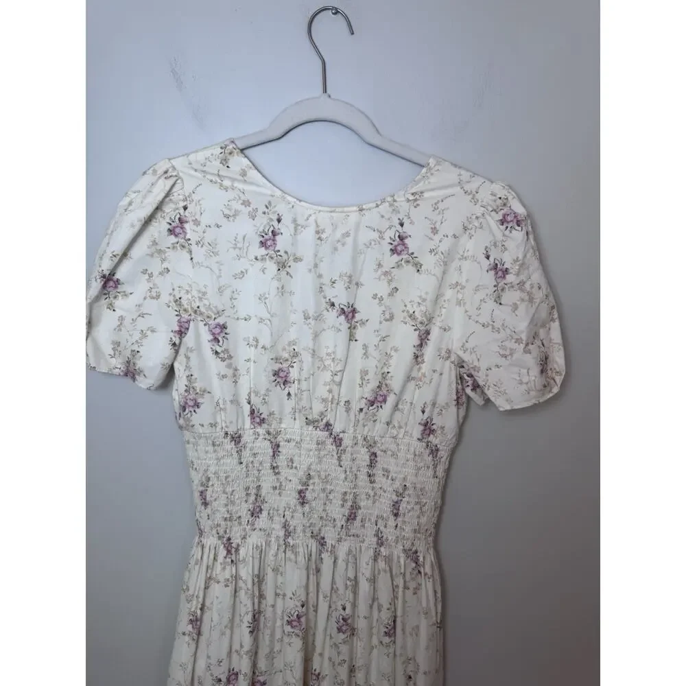 LoveShackFancy Cream Floral Midi Dress with Pink Bouquet Print - Picture 15 of 16